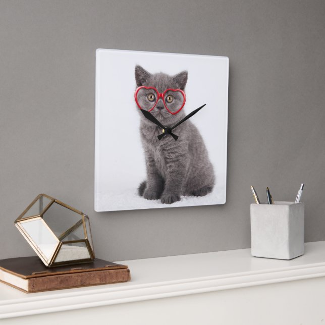 Niedliche Kleintiere | Kitten Heart Glasses Quadratische Wanduhr (Büro)