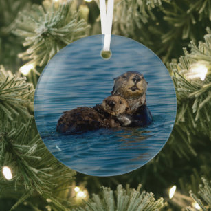 Niedliche Kleintiere   Mutter und Baby Sea Otter Ornament Aus Glas