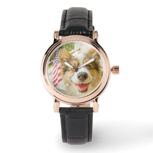 Niedliche Kleintiere Patriotic Corgi Puppy Armbanduhr
