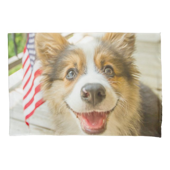 Niedliche Kleintiere | Patriotic Corgi Puppy Kissenbezug (Vorderseite)
