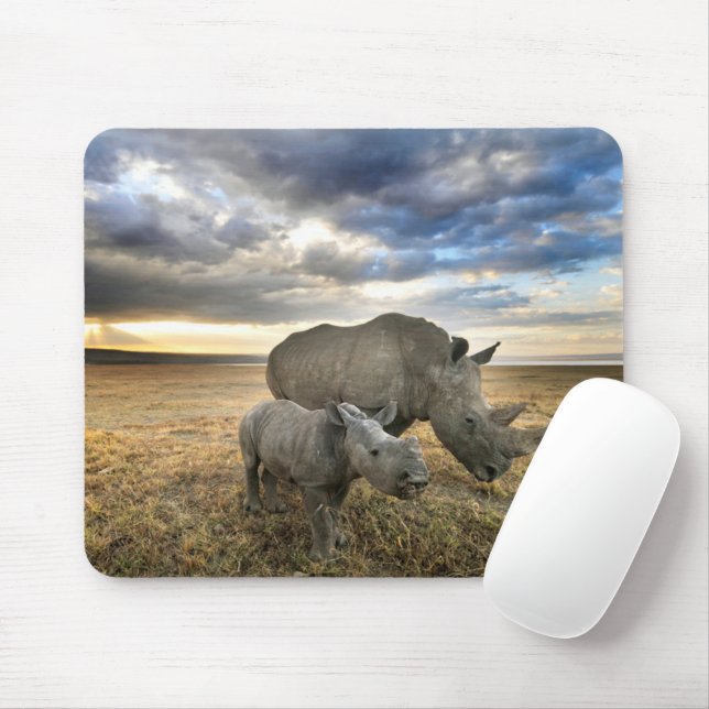 Niedliche Kleintiere | Weißer Rhino und Kalb Mousepad (Mit Mouse)