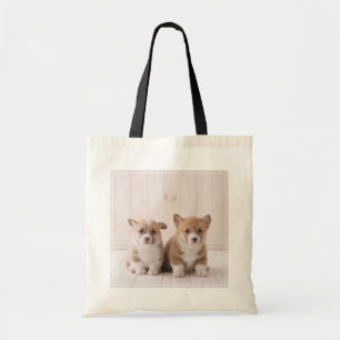 Niedliche Kleintiere   Zwei Baby Corgis sitzen Tragetasche