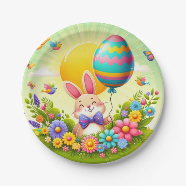 Niedliche, knuddelige und farbenfrohe Osterhase Pappteller (Vorderseite)