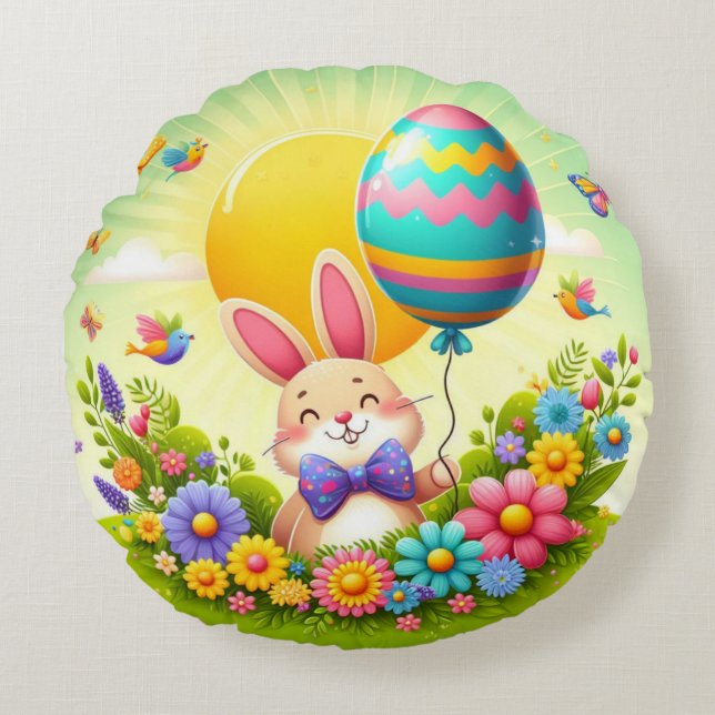 Niedliche, knuddelige und farbenfrohe Osterhase Rundes Kissen (Vorderseite)
