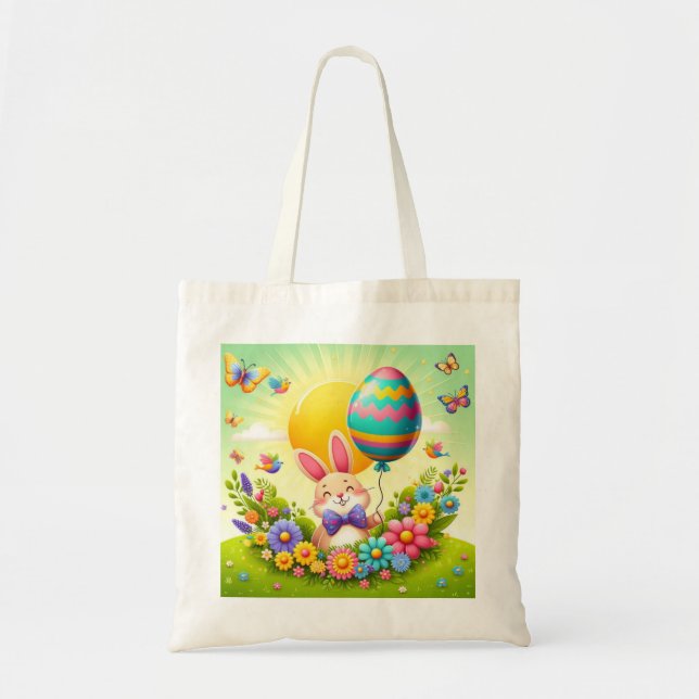 Niedliche, knuddelige und farbenfrohe Osterhase Tragetasche (Vorne)