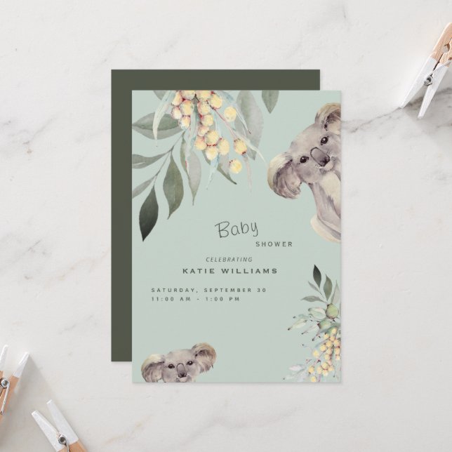 Niedliche Koala Bärenminze & Olive Babydusche Einladung (Vorderseite/Rückseite Beispiel)