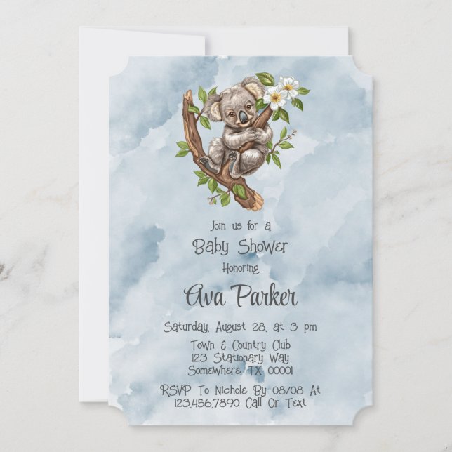 Niedliche Koala Bear Blue Painted Baby Dusche Einladung (Vorderseite)