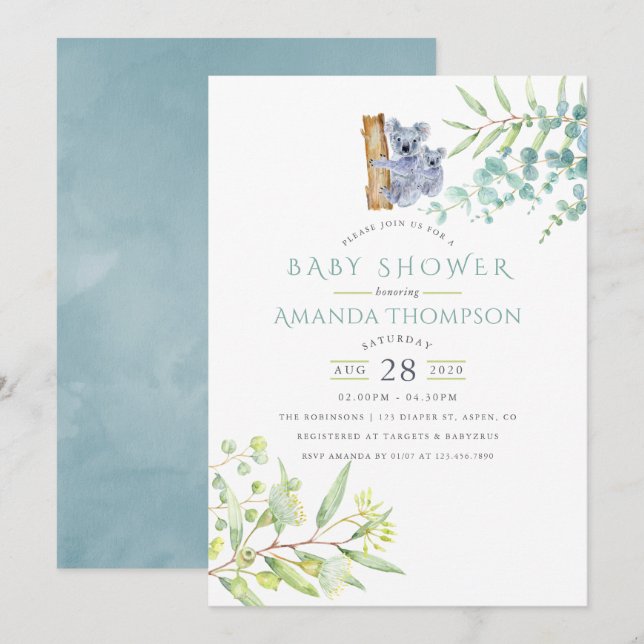 Niedliche Koala Bear Eucalyptus Verlasse Baby Shoo Einladung (Vorne/Hinten)