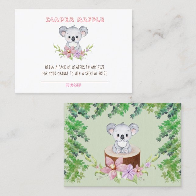 Niedliche Koala Bear Girl Diaper Raffle Babydusche Visitenkarte (Vorne/Hinten)