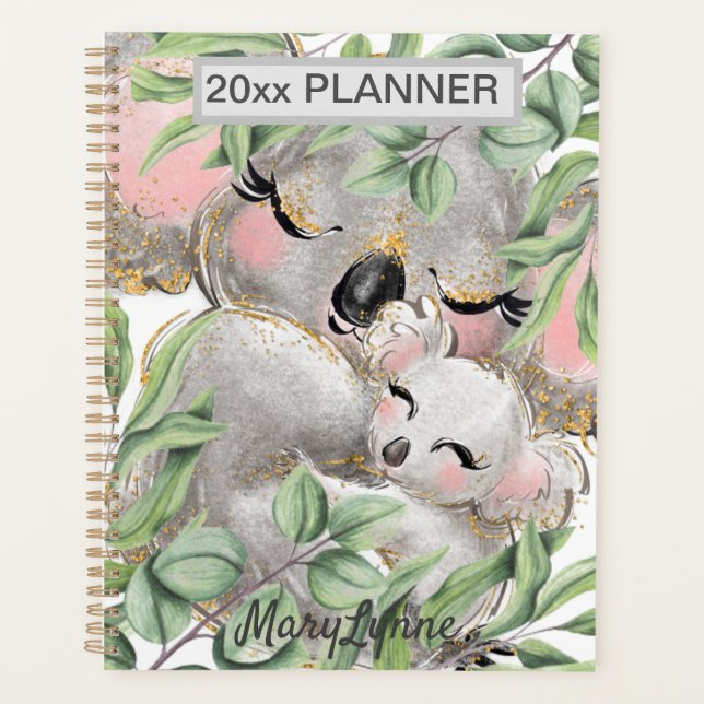 Niedliche Koala Bears Wochen Monat Ihr Name Planer (Vorderseite)