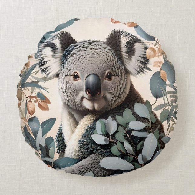 Niedliche Koala-Eukalyptus-Blätter Rundes Kissen (Vorderseite)