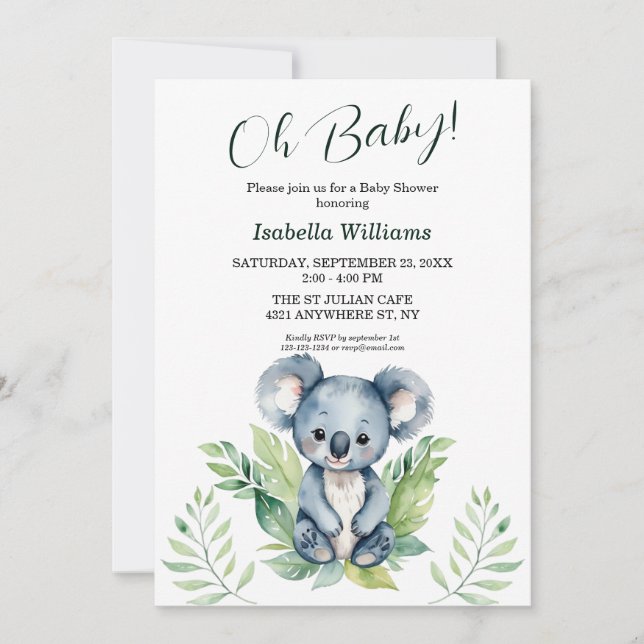 Niedliche Koala Gender Neutral Baby Dusche Einladung (Vorderseite)