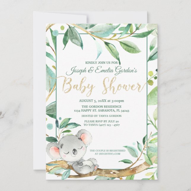 Niedliche Koala Green Gender Neutral Baby Dusche Einladung (Vorderseite)