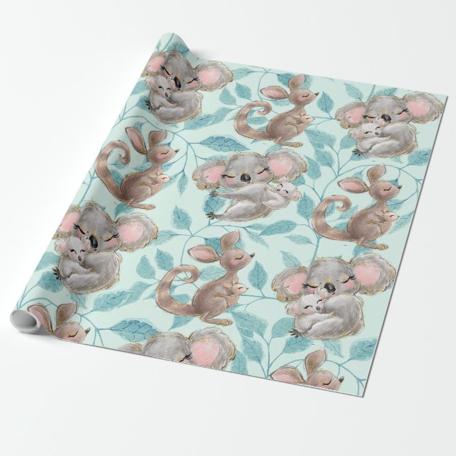 Niedliche Koala, Kangaroo Baby Green Wrapping Pape Geschenkpapier (Ungerollt)