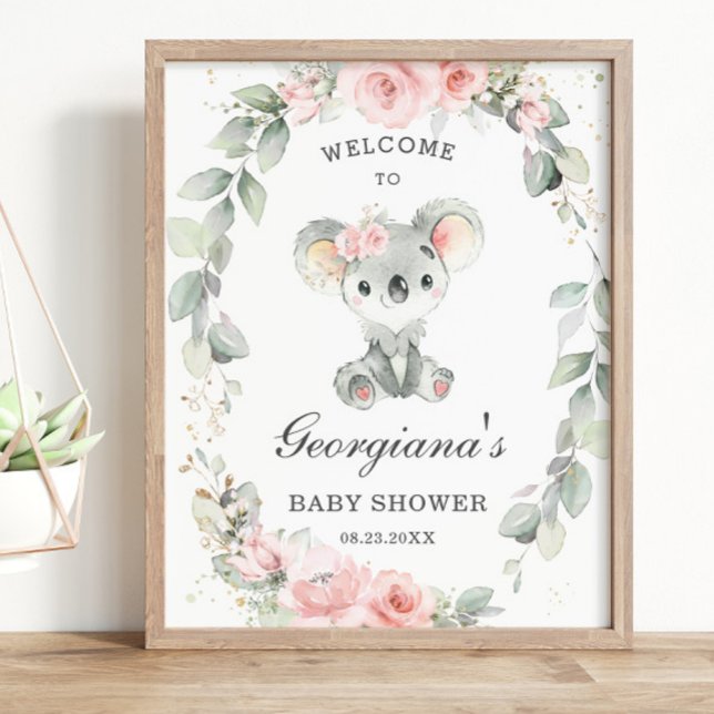 Niedliche Koala Pink Blumengeschirr Grüne Kinderdu Poster (Von Creator hochgeladen)