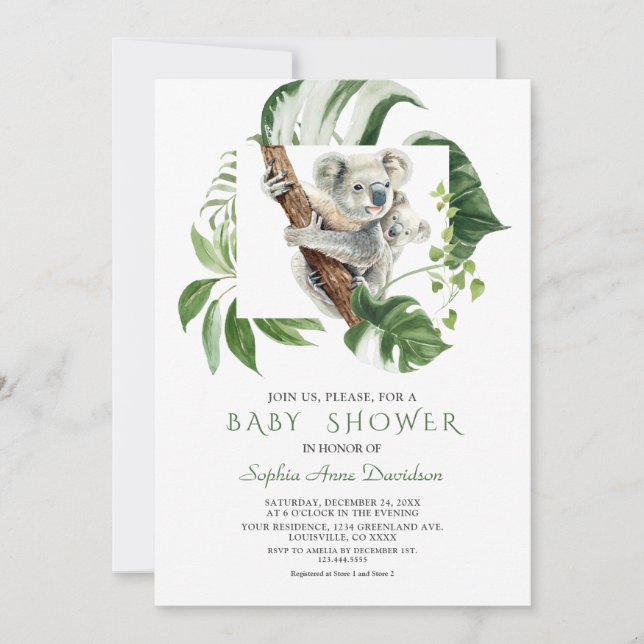 Niedliche Koala Tropical Greenerity Baby Dusche Einladung (Vorderseite)