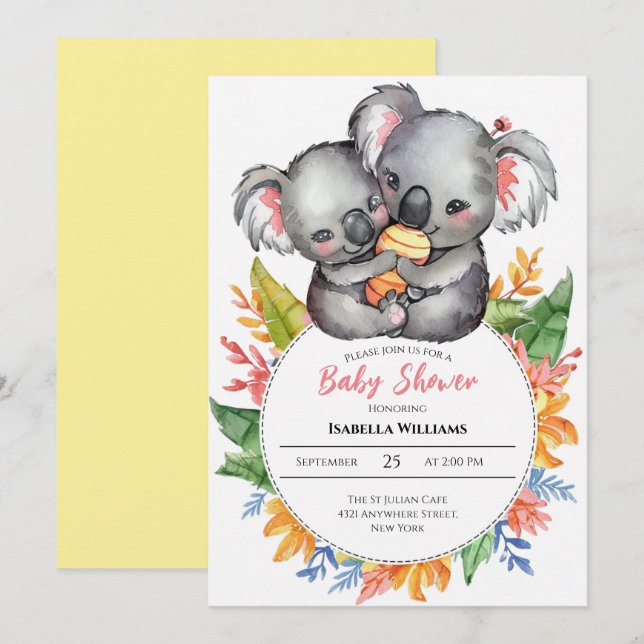 Niedliche Koalas Wildblume Kinderdusche Einladung (Vorne/Hinten)