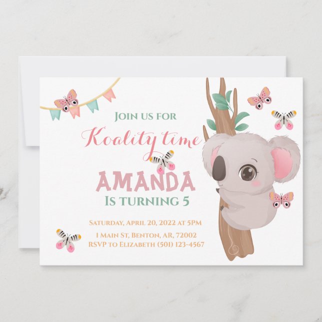 Niedliche Koalitionszeit Koala Bär rosa aquamarine Einladung (Vorderseite)