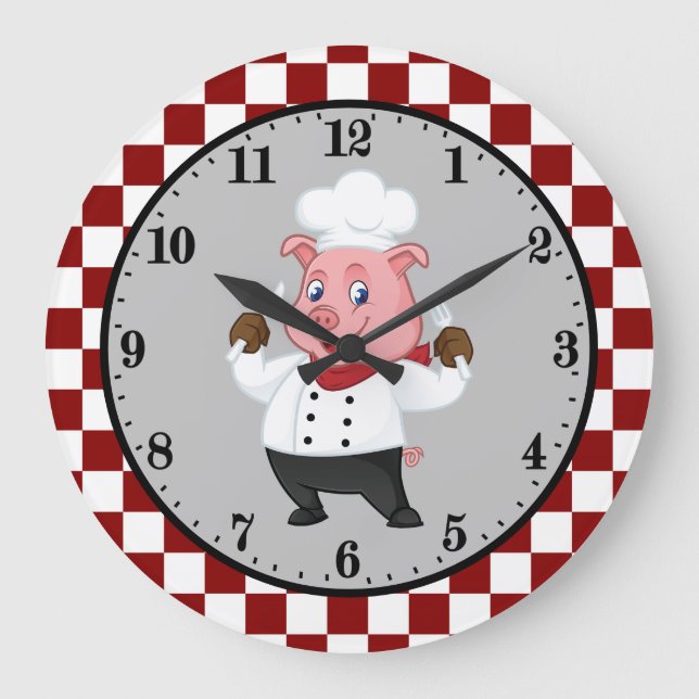 niedliche Koch Schweineküche Große Wanduhr (Vorderseite)