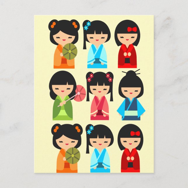 Niedliche Kokeshi Japanische Puppen Postkarte (Vorderseite)