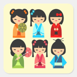 Niedliche Kokeshi Japanische Puppen Quadratischer Aufkleber