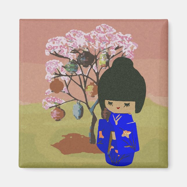 Niedliche Kokeshi-Puppe mit Kirschblütenbaum Magnet (Vorne)