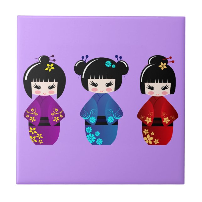 Niedliche Kokeshi Puppen Cartoon Fliese (Vorderseite)