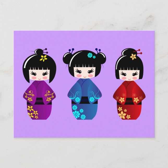 Niedliche Kokeshi Puppen Cartoon Postkarte (Vorderseite)