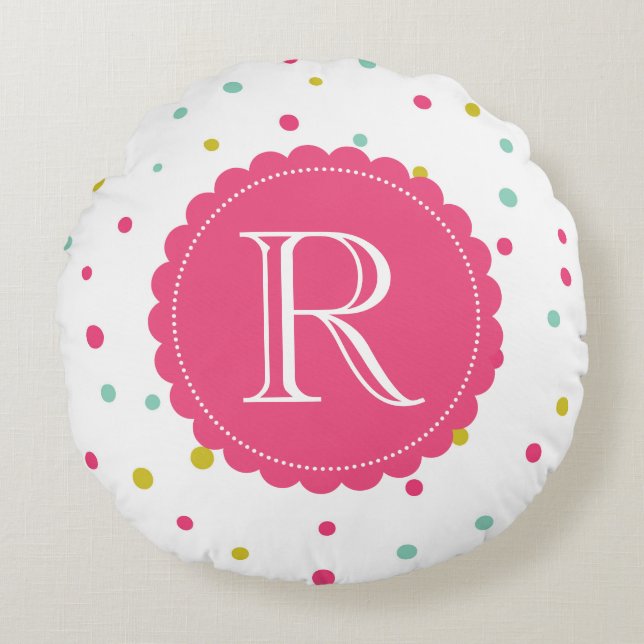 Niedliche Konfetti-Dots-Muster Monogramm-Runde Rundes Kissen (Vorderseite)