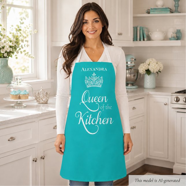 Niedliche Königin der Küche Schürze (elegant birds egg blue personalized queen of the kitchen apron with custom name monogram)