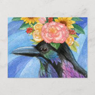 Niedliche Krähe mit Blume auf der Postkarte
