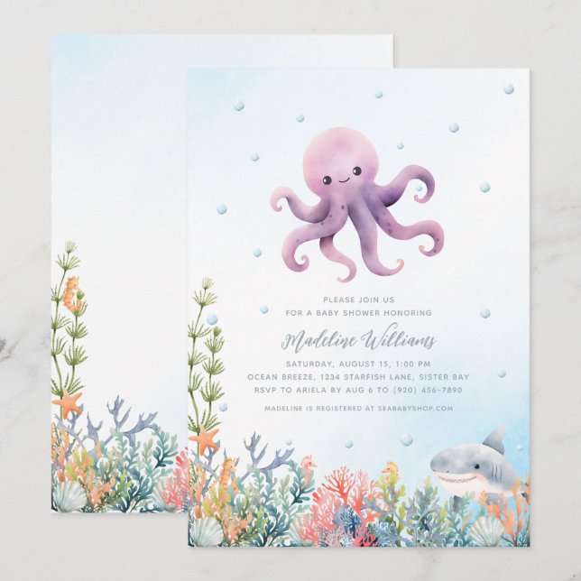 Niedliche Kraken-Babydusche Einladung (Vorne/Hinten)