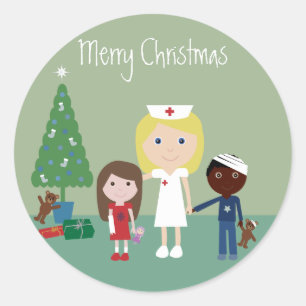 Niedliche Krankenschwester, Kinder und Weihnachtsb Runder Aufkleber