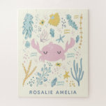 Niedliche Krebserkrankung Unterwasser-Muscheln Pas<br><div class="desc">Dieses niedliche Puzzle mit individuellem Puzzle bietet eine skurrile Darstellung einer Krabbe,  umgeben von Muscheln,  Flora,  Seestern und mehr,  in einer hübsch pastellfarbenen Palette von Rosa,  Blau und Gelb. Personalisieren Sie es mit Ihrem Namen. Tolle Geschenkidee!</div>