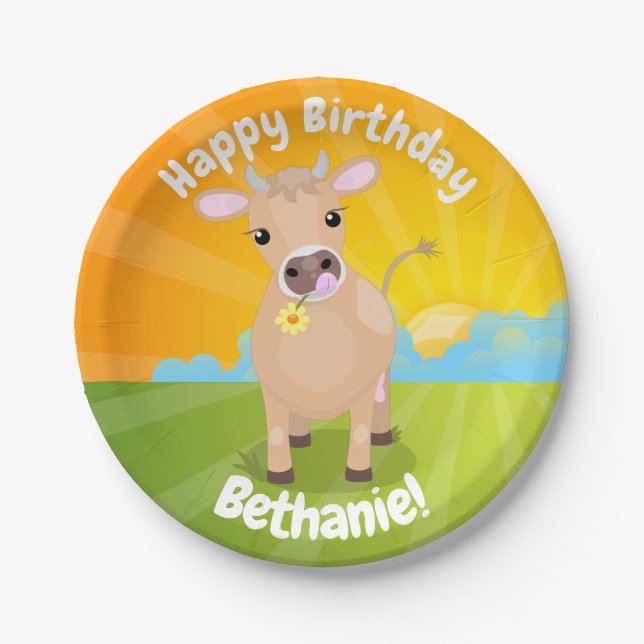Niedliche Kuh aus Jersey personalisiert Geburtstag Pappteller (Vorderseite)