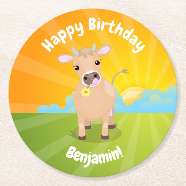 Niedliche Kuh aus Jersey personalisiert Geburtstag Runder Pappuntersetzer (Vorderseite)