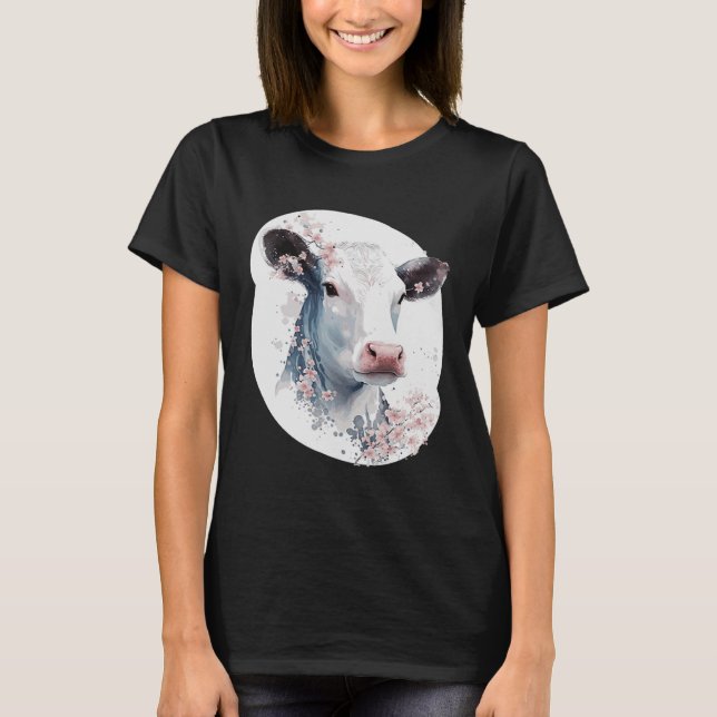 Niedliche Kuh Cherry Blossom Japanischer Sakura La T-Shirt (Vorderseite)