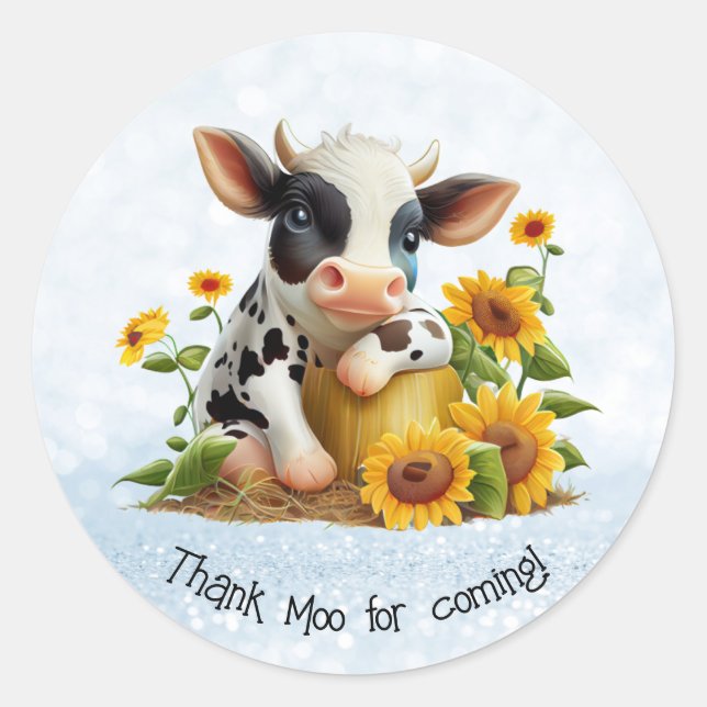 Niedliche Kuh Dank Moo Sunflower Garden Personalis Runder Aufkleber (Vorderseite)