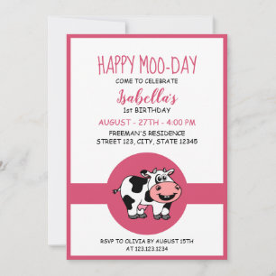 Niedliche Kuh Farm Animal Themed Girl 1. Geburtsta Einladung