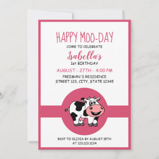 Niedliche Kuh Farm Animal Themed Girl 1. Geburtsta Einladung