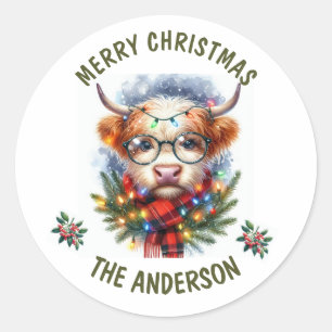 Niedliche Kuh Frohe Weihnachten Runder Aufkleber