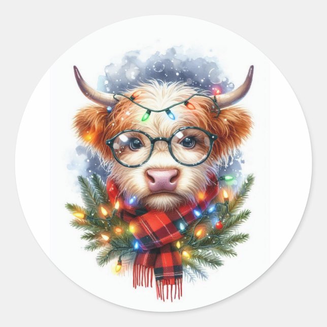 Niedliche Kuh Frohe Weihnachten Runder Aufkleber (Vorderseite)