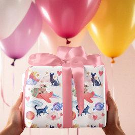 Niedliche Kuh im Flugzeug, Raumfahrt, Katzen, Mond Geschenkpapier