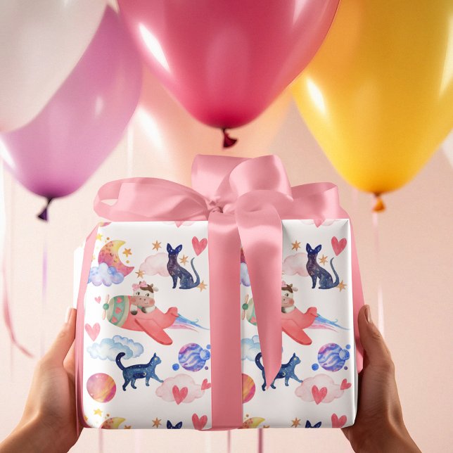 Niedliche Kuh im Flugzeug, Raumfahrt, Katzen, Mond Geschenkpapier (Von Creator hochgeladen)