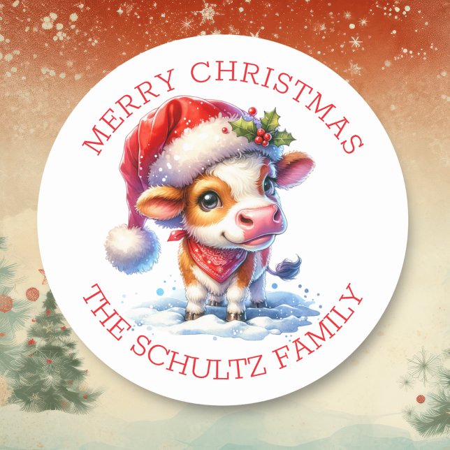 Niedliche Kuh in der Weihnachtsmannmütze Personali Runder Aufkleber (Von Creator hochgeladen)