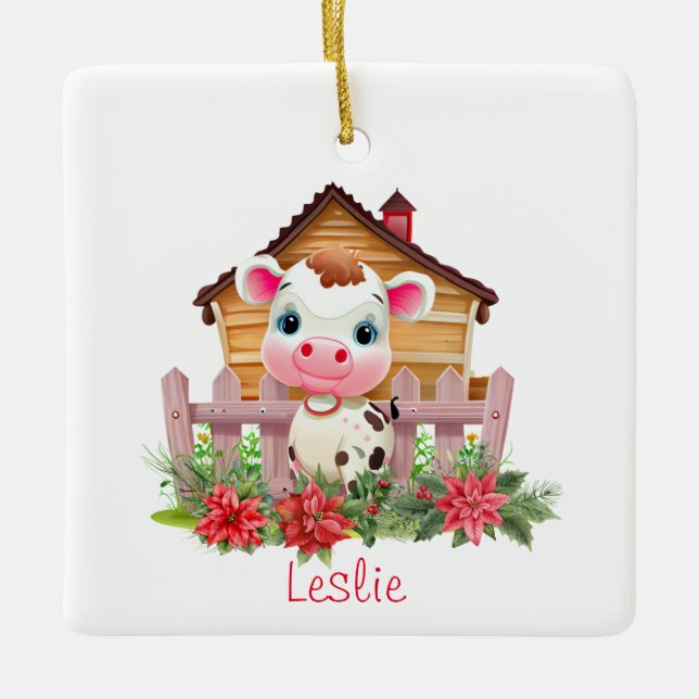 Niedliche Kuh in einer Scheune Weihnachten Persona Keramikornament (Vorderseite)