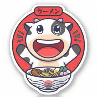 Niedliche Kuh isst Ramen Aufkleber