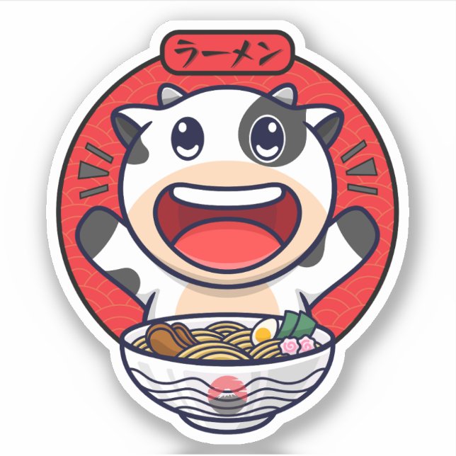 Niedliche Kuh isst Ramen Aufkleber (Vorderseite)