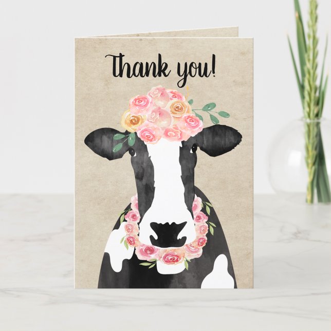 Niedliche Kuh mit floraler Krone Rustikal Danke Ka (Black and White Cow Thank you note with a flower crown and necklace)