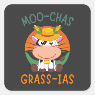 Niedliche Kuh mit gelbem Hutmoochas Grass-ias Quadratischer Aufkleber